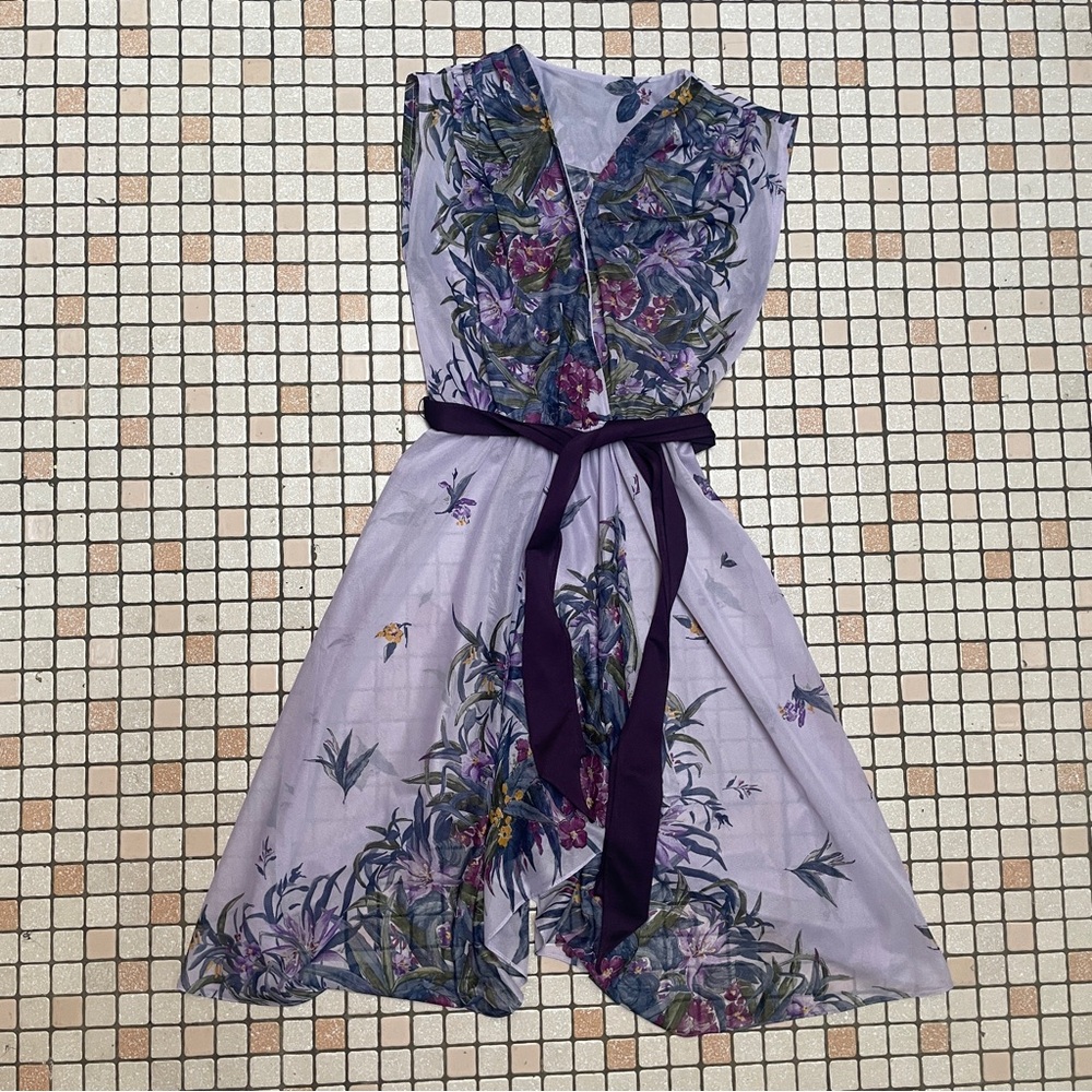 VTG Lilac Floral Sheer Dress with Purple Sash Belt SZ S